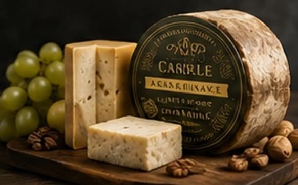 Campo Noble aged cheese wheel and wedges on a wooden board with grapes and walnuts