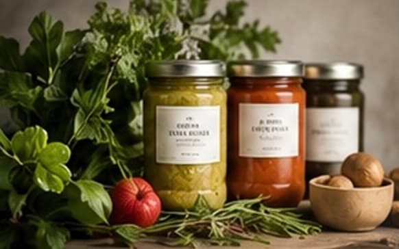 Verde Market preserve jars with redesigned labels, styled with fresh herbs and produce